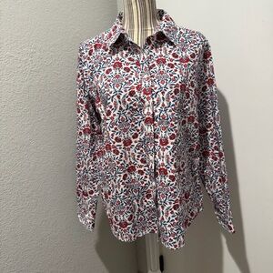Lands' End Red and Blue Floral Women’s cotton button down shirt